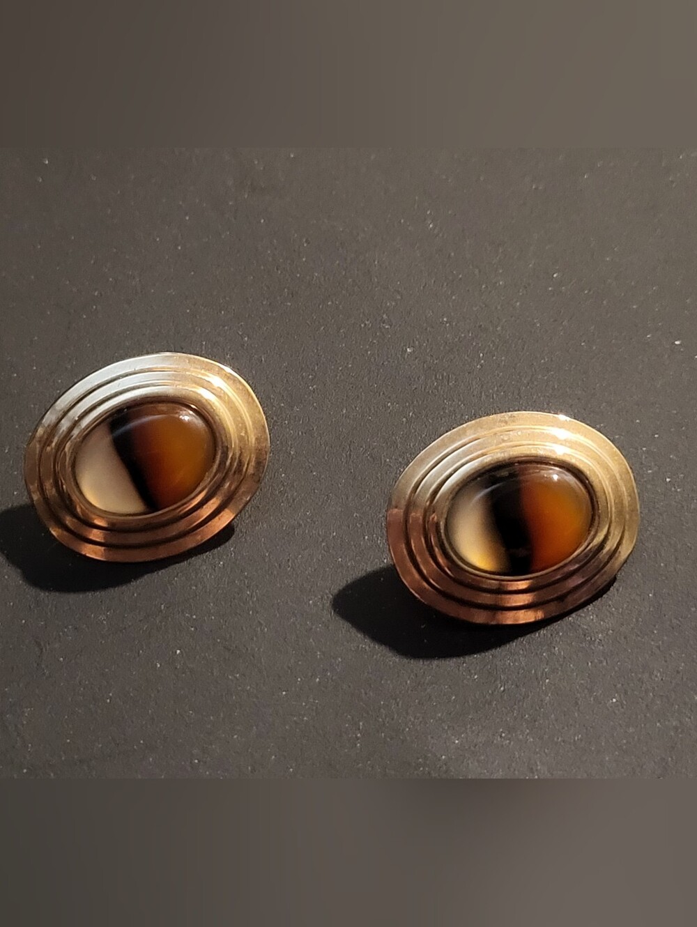Vintage 1980s Banded Agate Stud Earrings Oval Bullseye Stone Post Back